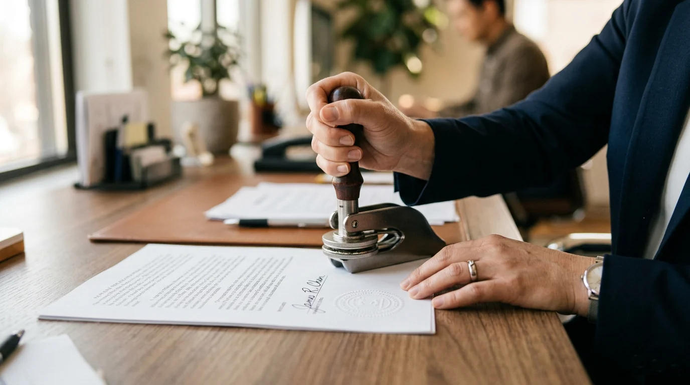 Notary public stamping a legal document with an embosser seal